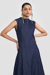 Shop_PERONA_Navy Linen, Cotton Round Neck Designer Dress _Online_at_Aza_Fashions