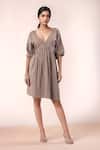 Buy_Samyukta Singhania_Brown Cotton V-neck Designer Dress _at_Aza_Fashions