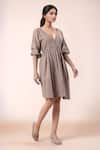Samyukta Singhania_Brown Cotton V-neck Designer Dress _Online_at_Aza_Fashions