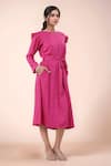 Samyukta Singhania_Pink Cotton Round Neck Designer Dress With Ruffle Sleeves _Online_at_Aza_Fashions