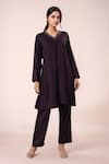 Buy_Samyukta Singhania_Wine Rayon, Cotton V-neck Kurta Pant Set _at_Aza_Fashions