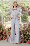 Buy_Parul And Preyanka_Blue Silk Organza, Crepe Fabric Flowers, Beads Ice Designer Shirt And Pant Set _at_Aza_Fashions