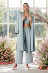 Buy_Parul And Preyanka_Blue Crepe Embroidery, Crystals Shawl 3d Flower Embellished Trench Co-ord Set _at_Aza_Fashions