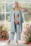 Buy_Parul And Preyanka_Blue Crepe Embroidery, Crystals Shawl 3d Flower Embellished Trench Co-ord Set 