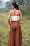 Shop_Kushani_Ivory Linen, Silk, Satin Embroidery Scoop Neck Floral Crop Top And Trousers Set _at_Aza_Fashions