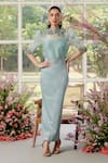 Buy_Parul And Preyanka_Blue Silk Organza, Crepe Embroidery High Neck Daphne Co-ord 3d Floral Set _at_Aza_Fashions