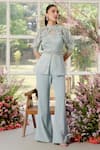 Shop_Parul And Preyanka_Blue Silk Organza, Crepe Embroidery High Neck Frill Detail Co-ord Set _at_Aza_Fashions