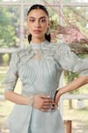 Parul And Preyanka_Blue Silk Organza, Crepe Embroidery High Neck Frill Detail Co-ord Set _Online_at_Aza_Fashions