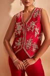 Shop_Aakansha Gupta_Red Silk Embroidery, Sequins V-neck Dusk-cord Set _Online_at_Aza_Fashions