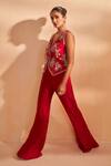 Aakansha Gupta_Red Silk Embroidery, Sequins V-neck Dusk-cord Set _at_Aza_Fashions