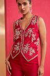 Buy_Aakansha Gupta_Red Silk Embroidery, Sequins V-neck Dusk-cord Set 