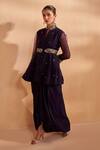 Buy_Aakansha Gupta_Blue Organza, Satin Embroidery Collared Dark Peplum Top And Skirt Set _Online_at_Aza_Fashions