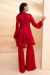 Shop_Aakansha Gupta_Red Georgette, Satin Embroidery Collared Designer Peplum Top And Pant Set _at_Aza_Fashions