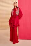 Buy_Aakansha Gupta_Red Georgette, Satin Embroidery Collared Designer Peplum Top And Pant Set _at_Aza_Fashions