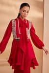 Buy_Aakansha Gupta_Red Georgette, Satin Embroidery Collared Designer Peplum Top And Pant Set 