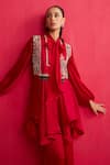 Shop_Aakansha Gupta_Red Georgette, Satin Embroidery Collared Designer Peplum Top And Pant Set 