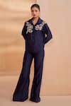Buy_Aakansha Gupta_Navy Chanderi Embroidery, Beads Collared Dark Blue Tonic Co-ord Set _at_Aza_Fashions