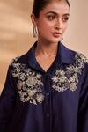 Shop_Aakansha Gupta_Navy Chanderi Embroidery, Beads Collared Dark Blue Tonic Co-ord Set _Online_at_Aza_Fashions