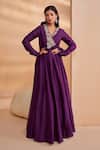 Shop_Aakansha Gupta_Purple Chanderi, Tulle Sequins, Beads V-neck Designer Anarkali Set _Online_at_Aza_Fashions