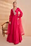 Buy_Aakansha Gupta_Pink Chanderi, Tulle Embroidery, Sequins V-neck Designer Anya Anarkali Set _at_Aza_Fashions