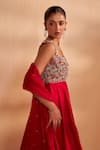 Aakansha Gupta_Red Chanderi, Tulle Embroidery, Sequins Square Neck Rosaline Anarkali Set _Online_at_Aza_Fashions