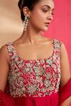 Aakansha Gupta_Red Chanderi, Tulle Embroidery, Sequins Square Neck Rosaline Anarkali Set _at_Aza_Fashions