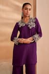 Buy_Aakansha Gupta_Purple Tussar, Silk Embroidery Round Neck Elara Kurta Set _Online_at_Aza_Fashions