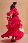 Aakansha Gupta_Pink Chanderi, Organza Round , Open Elowen Cape Gown Set _Online_at_Aza_Fashions