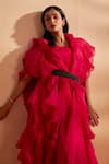 Shop_Aakansha Gupta_Pink Chanderi, Organza Round , Open Elowen Cape Gown Set _Online_at_Aza_Fashions