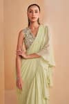 Aakansha Gupta_Green Chiffon, Georgette, Silk Pista Designer Pre-draped Saree And Blouse Set _Online_at_Aza_Fashions