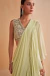 Buy_Aakansha Gupta_Green Chiffon, Georgette, Silk Pista Designer Pre-draped Saree And Blouse Set _Online_at_Aza_Fashions