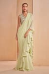 Shop_Aakansha Gupta_Green Chiffon, Georgette, Silk Pista Designer Pre-draped Saree And Blouse Set _Online_at_Aza_Fashions