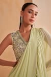 Aakansha Gupta_Green Chiffon, Georgette, Silk Pista Designer Pre-draped Saree And Blouse Set _at_Aza_Fashions