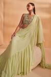 Buy_Aakansha Gupta_Green Chiffon, Georgette, Silk Pista Designer Pre-draped Saree And Blouse Set 