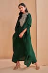 Aakansha Gupta_Green Silk Embroidery Round Neck Glade Kaftan Dress _Online_at_Aza_Fashions