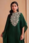 Aakansha Gupta_Green Silk Embroidery Round Neck Glade Kaftan Dress _at_Aza_Fashions