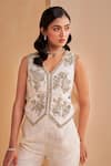 Aakansha Gupta_Ivory Silk Embroidery, Beads V-neck Dusk Co-ord Set _Online_at_Aza_Fashions