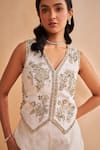 Buy_Aakansha Gupta_Ivory Silk Embroidery, Beads V-neck Dusk Co-ord Set _Online_at_Aza_Fashions