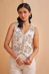 Shop_Aakansha Gupta_Ivory Silk Embroidery, Beads V-neck Dusk Co-ord Set _Online_at_Aza_Fashions