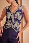 Shop_Aakansha Gupta_Blue Silk Sequins, Embroidery V-neck Dark Dusk Co-ord Set _Online_at_Aza_Fashions