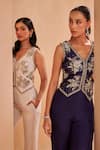 Aakansha Gupta_Blue Silk Sequins, Embroidery V-neck Dark Dusk Co-ord Set _at_Aza_Fashions