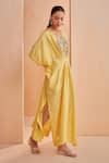 Aakansha Gupta_Yellow Silk Embroidery V-neck Quill Kaftan Dress _Online_at_Aza_Fashions