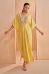 Buy_Aakansha Gupta_Yellow Silk Embroidery V-neck Quill Kaftan Dress _at_Aza_Fashions