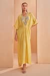 Buy_Aakansha Gupta_Yellow Silk Embroidery V-neck Quill Kaftan Dress _Online_at_Aza_Fashions