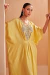 Shop_Aakansha Gupta_Yellow Silk Embroidery V-neck Quill Kaftan Dress _Online_at_Aza_Fashions