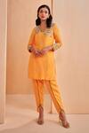 Buy_Aakansha Gupta_Orange Tussar, Silk Sequins, Embroidery Split V-neck Aelina Kurta Set _at_Aza_Fashions