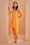 Buy_Aakansha Gupta_Orange Tussar, Silk Sequins, Embroidery Split V-neck Aelina Kurta Set _Online_at_Aza_Fashions