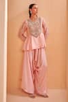 Aakansha Gupta_Pink Satin Embroidery Round Neck Saena Dhoti Set _at_Aza_Fashions