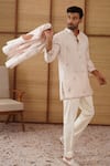 Shop_Arjan Dugal_Pink Organza, Silk, Cotton Satin, Modal, Lycra Gramophone Nehru Jacket Set 