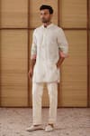 Buy_Arjan Dugal_Gray Organza, Silk, Cotton Satin, Lycra Light Grey Poppy Print Kurta Set _at_Aza_Fashions